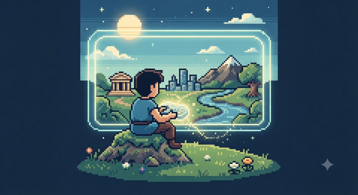 Pixel-Art-Illustration im 16-Bit-Stil: Eine Person mit blonden, langen Haaren sitzt in Rückenansicht auf einem kleinen, mit Blumen bewachsenen Hügel. Sie hält einen Controller in den Händen und schaut auf einen in der Luft schwebenden Bildschirm, der eine idyllische Spiellandschaft mit einem griechischen Tempel, einem Fluss und einer Burg zeigt. Über dem Bildschirm schweben dezent ikonische Symbole wie ein Buch, ein Kompass, ein Abakus und ein Globus als Zeichen für Wissensaneignung und Welterschließung. Credit: KI-generiert (Gemini)