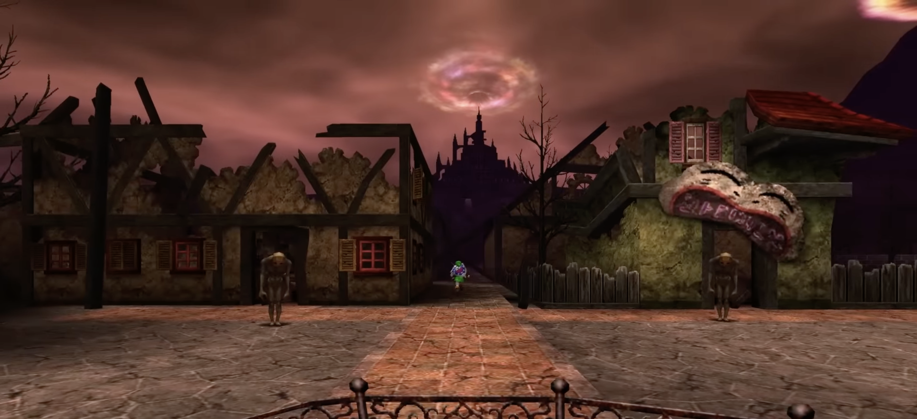 Link steht als Erwachsener auf dem verwüsteten Marktplatz der Schlossstadt von Hyrule.