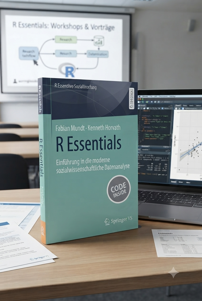 Das Buch R Essentials neben einem MacBook. Im Hintergrund ein Seminarraum.